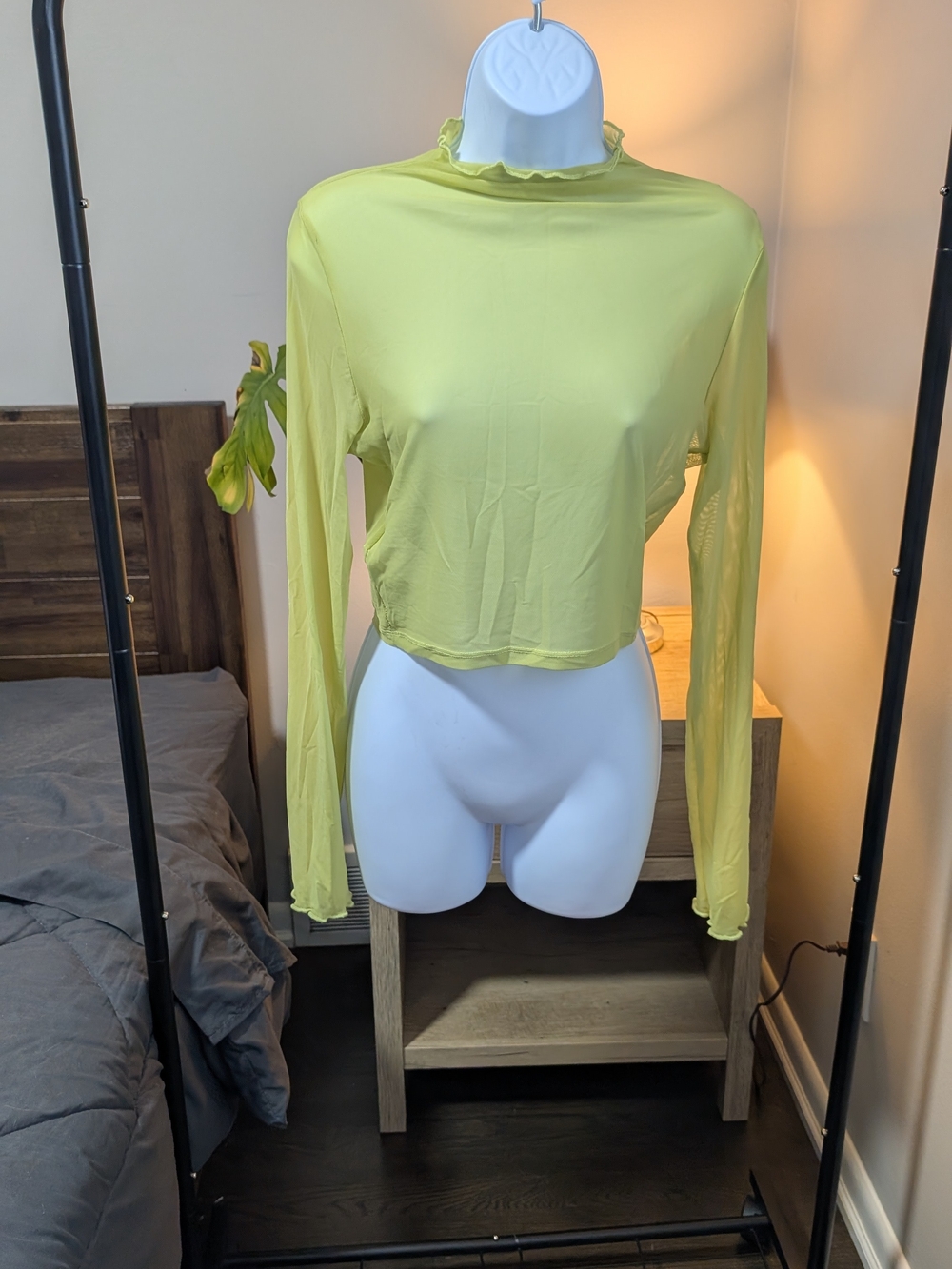 Mesh Neon Yellow Ruffle Long Sleeve Shirt